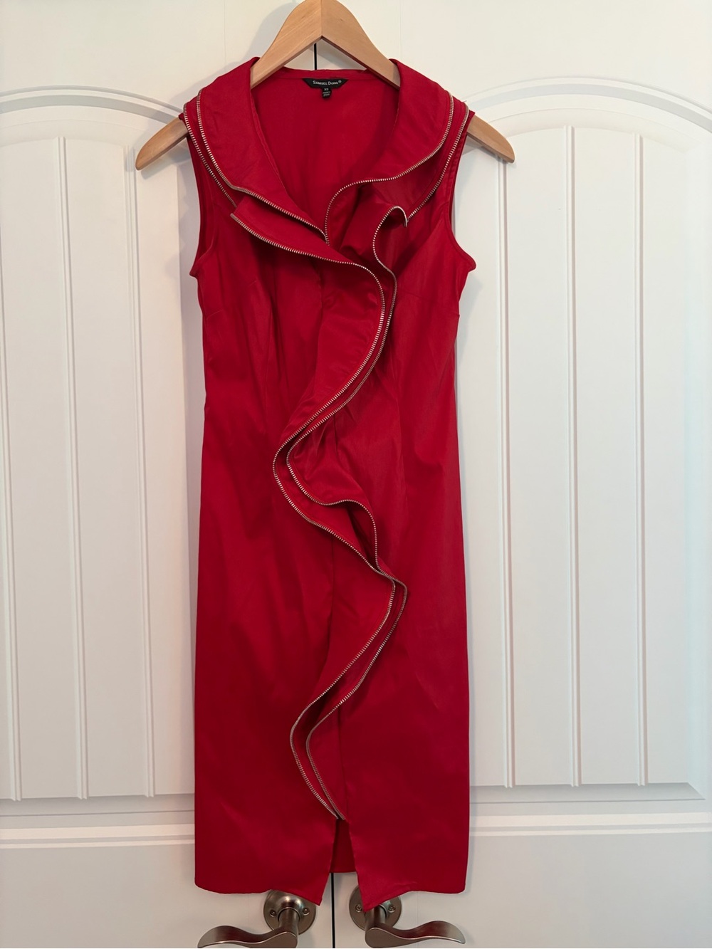Samuel Dong Red Sleeveless Zipper Dress Sz XS Sheath Cocktail‎ Stretch Ruffle